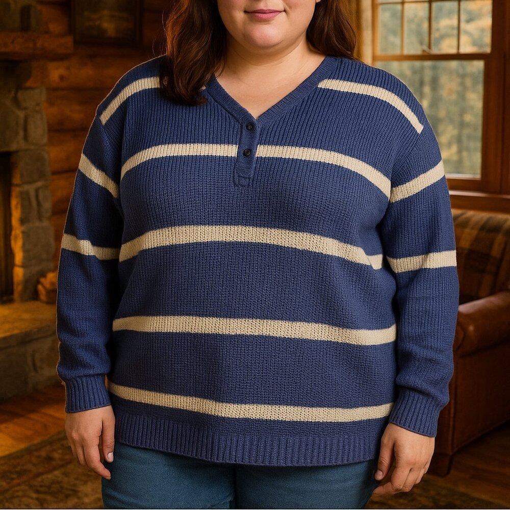 Terra & Sky Striped Henley Sweater (1X Womens)
